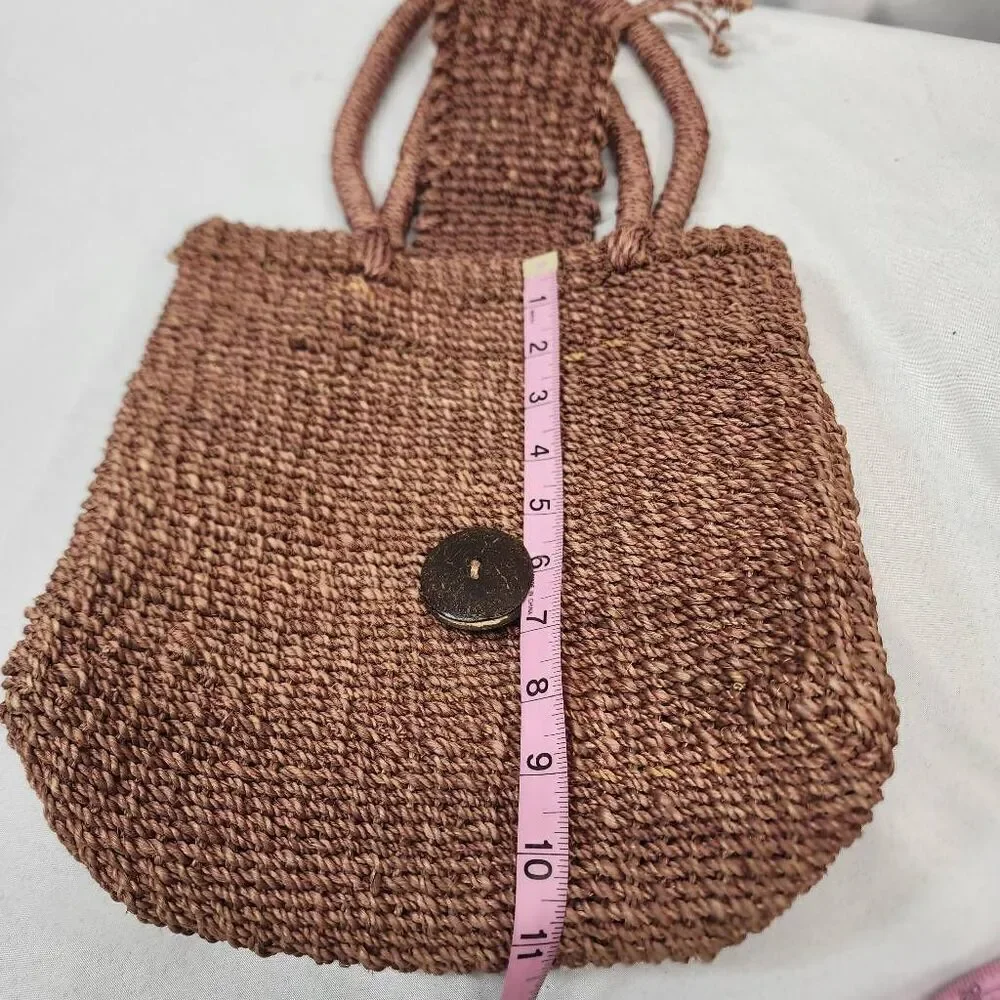 Handmade Woven Straw Tote Bag Brown Boho Beach Purse with Coconut Button Closure